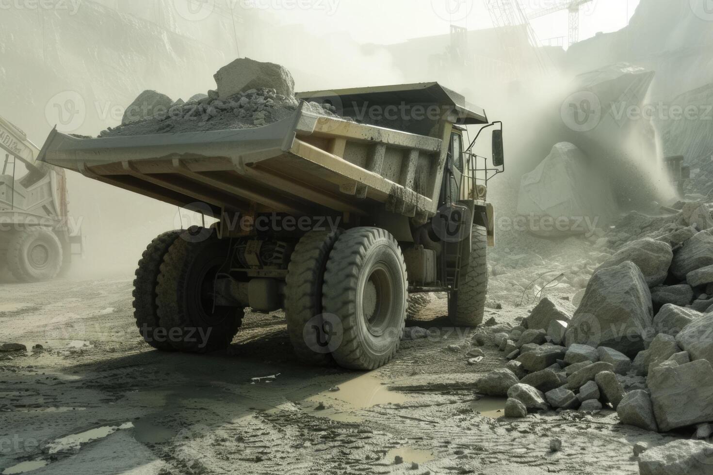 AI generated Large quarry dump truck in mine, quarry. Loading and transportation minerals photo