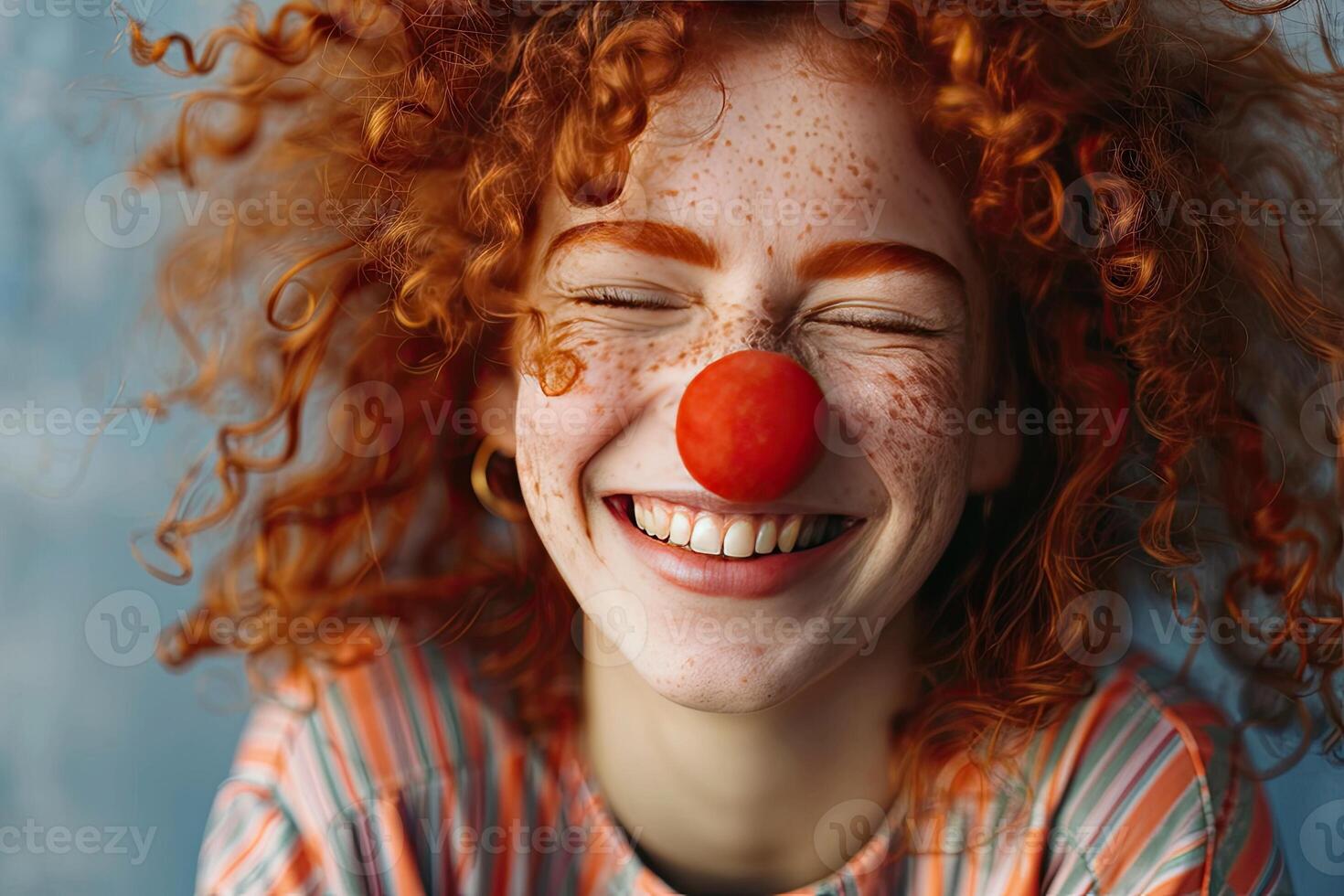 AI generated April Fools Day banner, funny clown circus performer, curly red haired girl with a clown nose photo