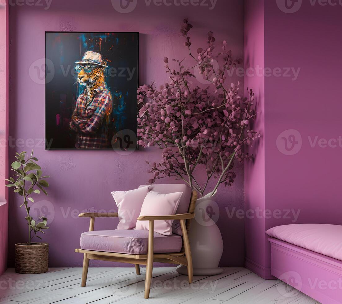 ai generado diseño un elegante y elegante habitación imagen. decorado con hermosa imagen marcos y pinturas foto