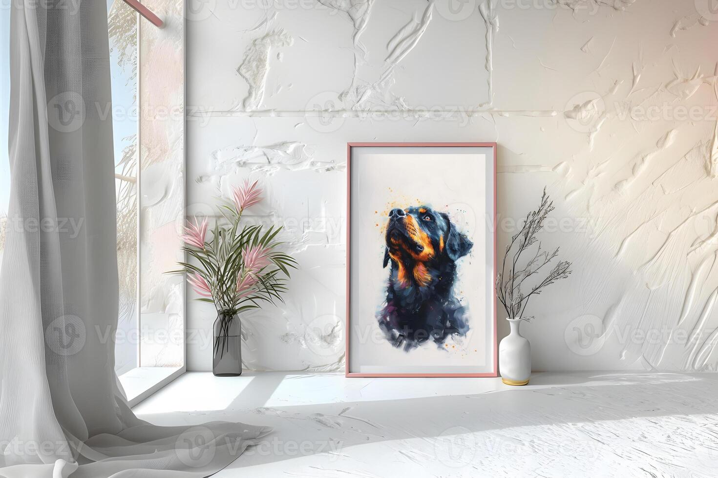 AI generated Design a chic and stylish room image. Decorated with beautiful picture frames and paintings. photo