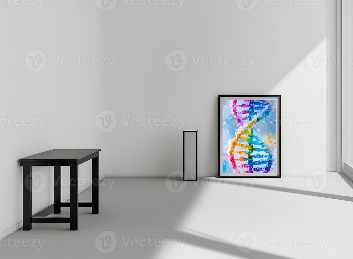 AI generated The room decorated in a minimalist style with picture frames and paintings is breathtaking. photo