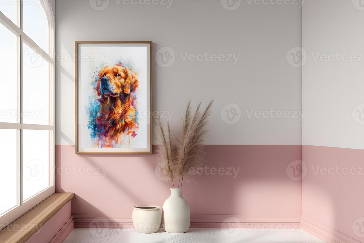 AI generated Design a chic and stylish room image. Decorated with beautiful picture frames and paintings. photo