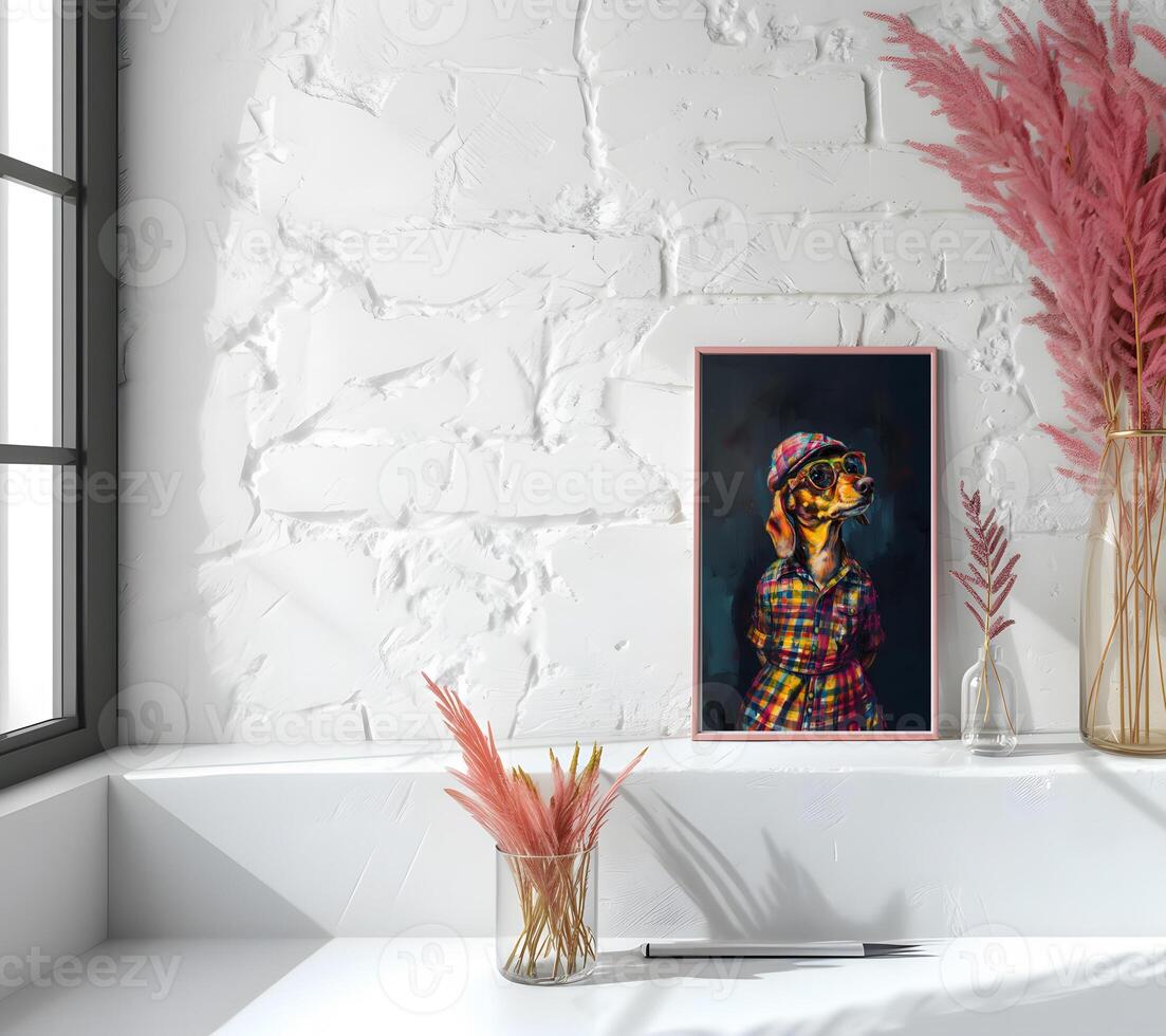AI generated Design a chic and stylish room image. Decorated with beautiful picture frames and paintings. photo