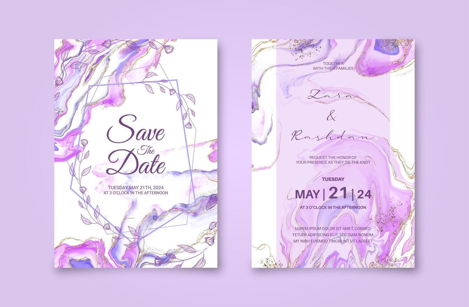 Beautiful wedding invitation card with abstract watercolor background and golden line art. Luxury pink and purple alcohol ink painting background vector