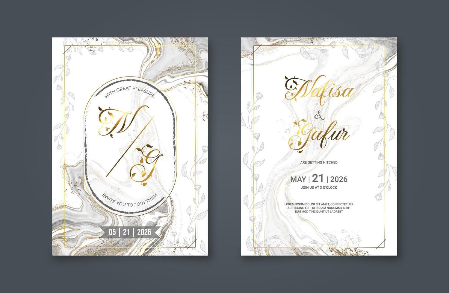 Luxury wedding invitation card with abstract watercolor background and golden line art. Modern monochrome alcohol ink painting background vector