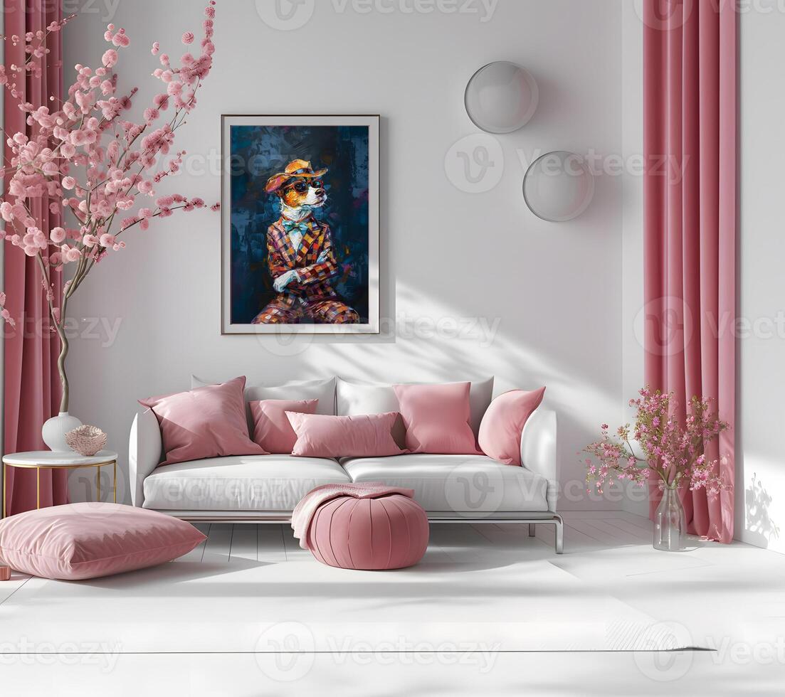 AI generated Design a chic and stylish room image. Decorated with beautiful picture frames and paintings. photo