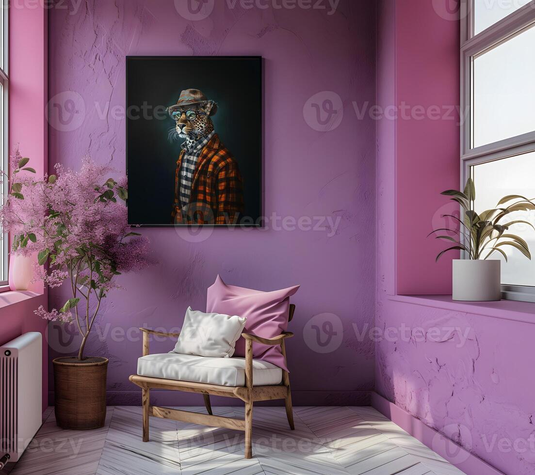 AI generated Design a chic and stylish room image. Decorated with beautiful picture frames and paintings. photo