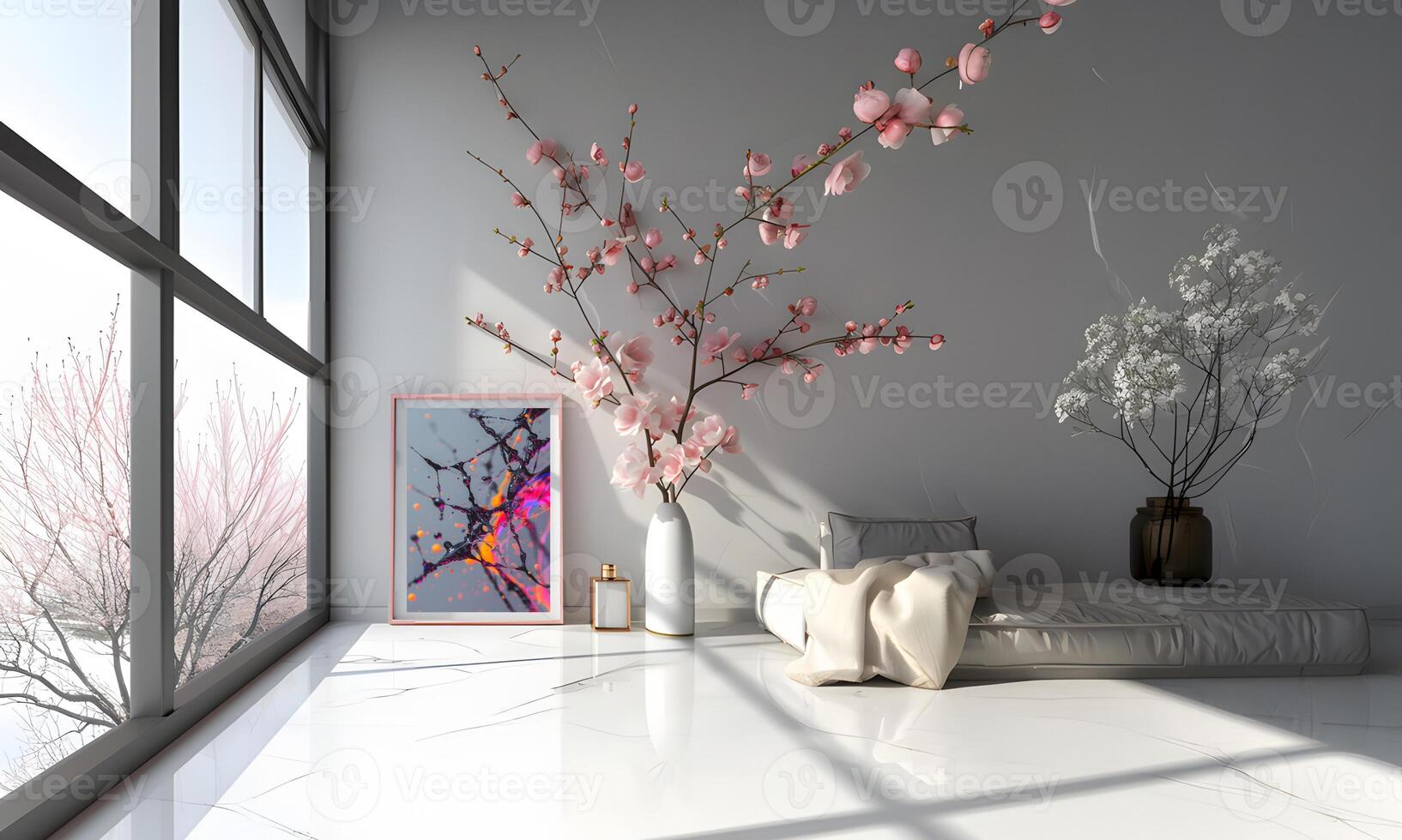 AI generated Design a chic and stylish room image. Decorated with beautiful picture frames and paintings. photo