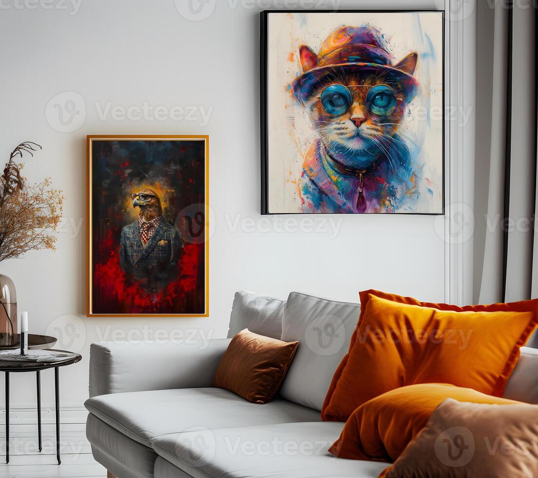 ai generado diseño un elegante y elegante habitación imagen. decorado con hermosa imagen marcos y pinturas foto