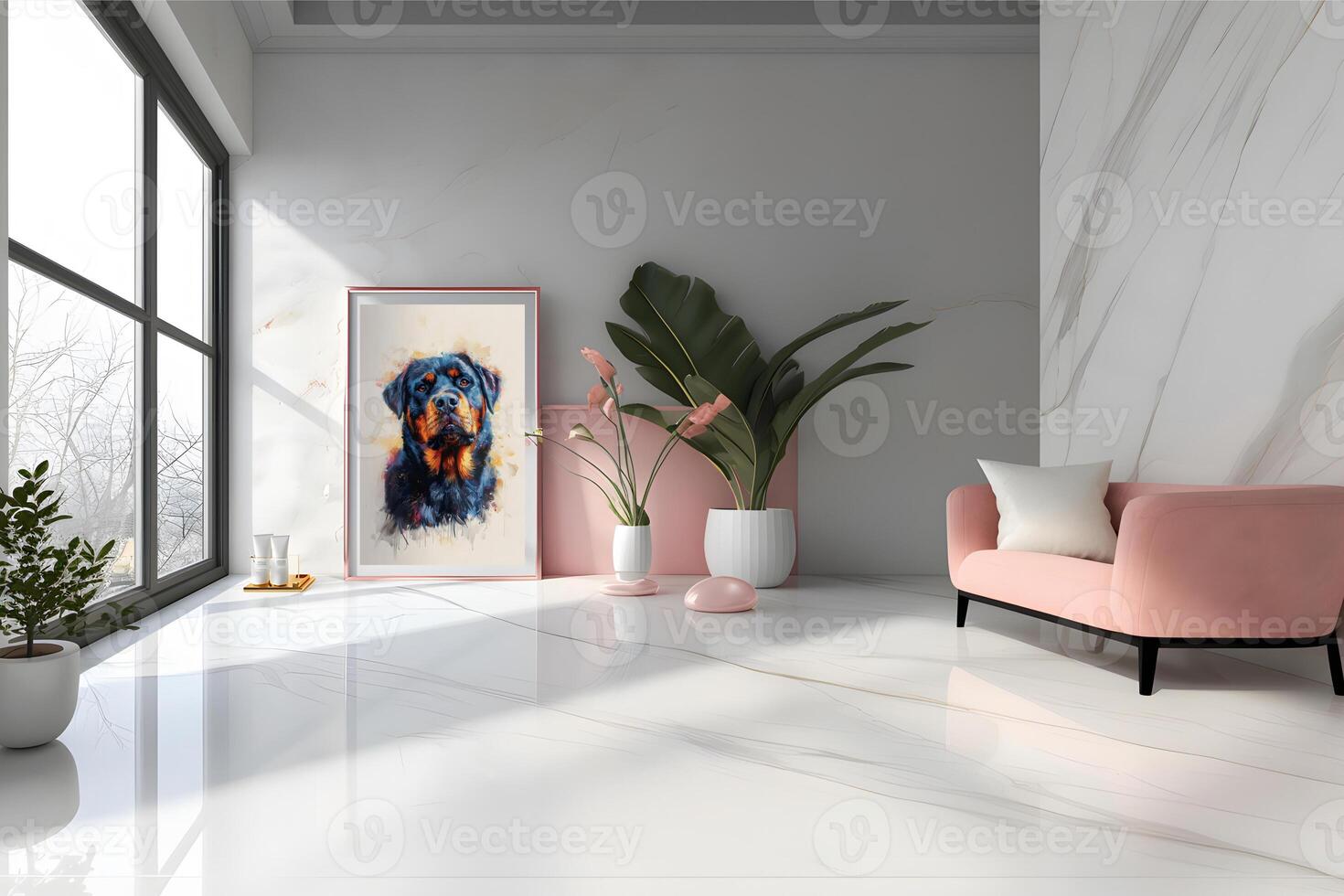 AI generated Design a chic and stylish room image. Decorated with beautiful picture frames and paintings. photo