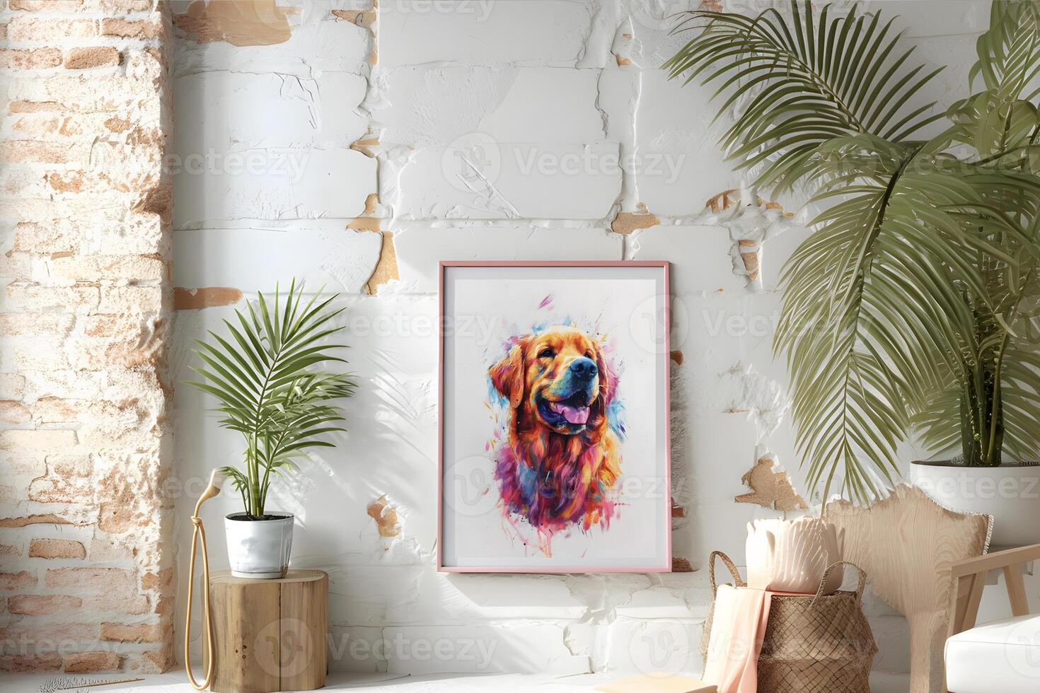 AI generated Design a chic and stylish room image. Decorated with beautiful picture frames and paintings. photo