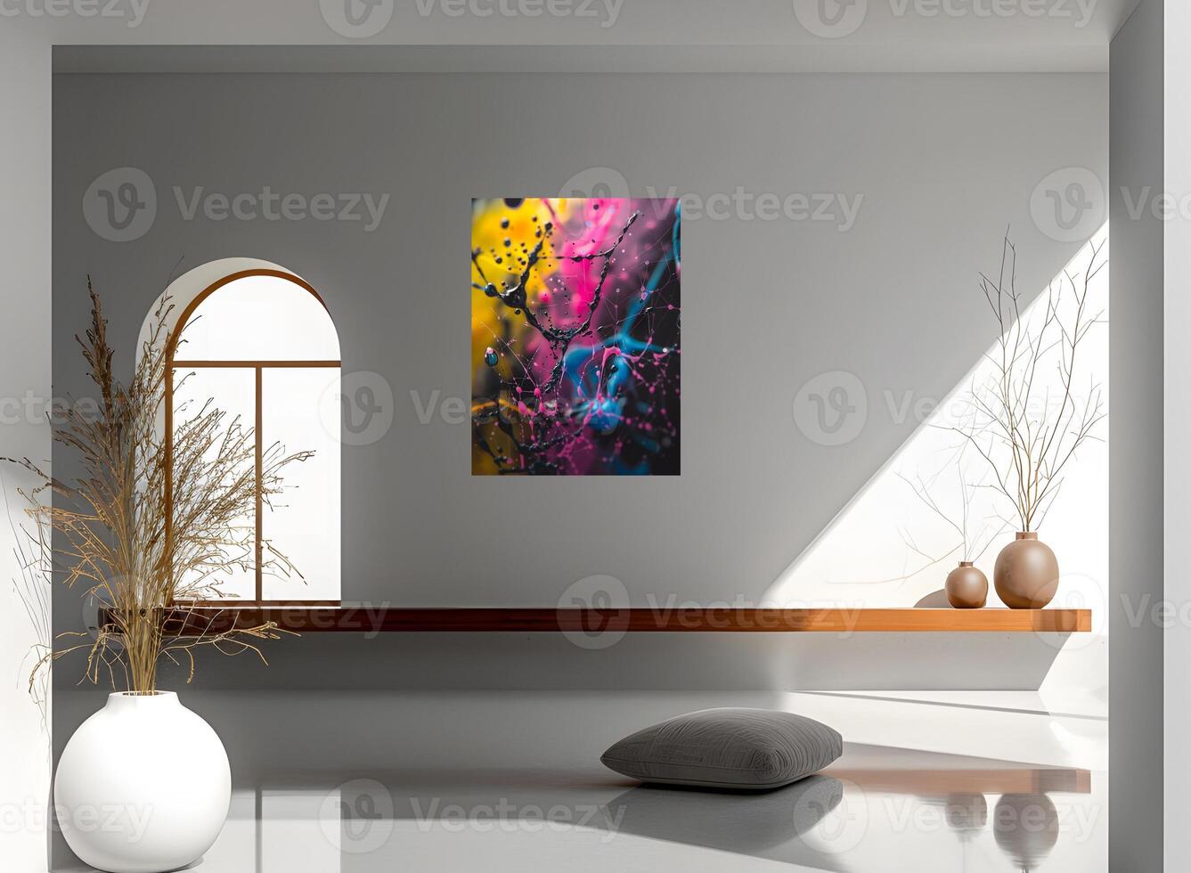 AI generated The room decorated in a minimalist style with picture frames and paintings is breathtaking. photo