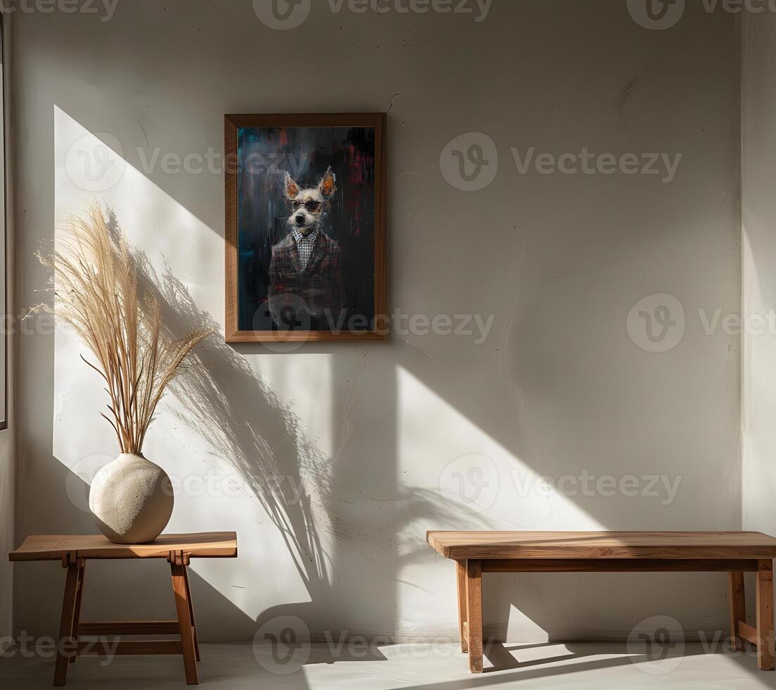 AI generated Design a chic and stylish room image. Decorated with beautiful picture frames and paintings. photo