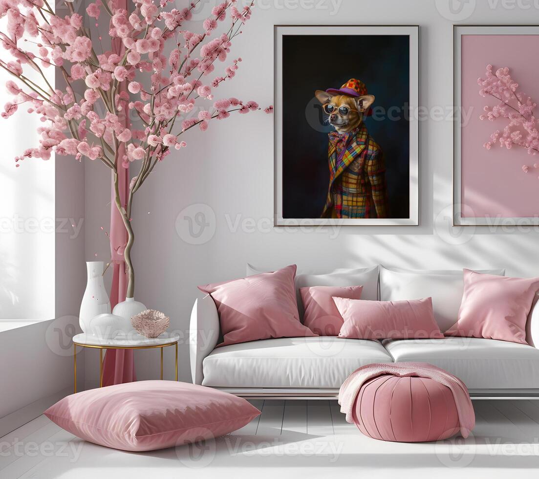 AI generated Design a chic and stylish room image. Decorated with beautiful picture frames and paintings. photo