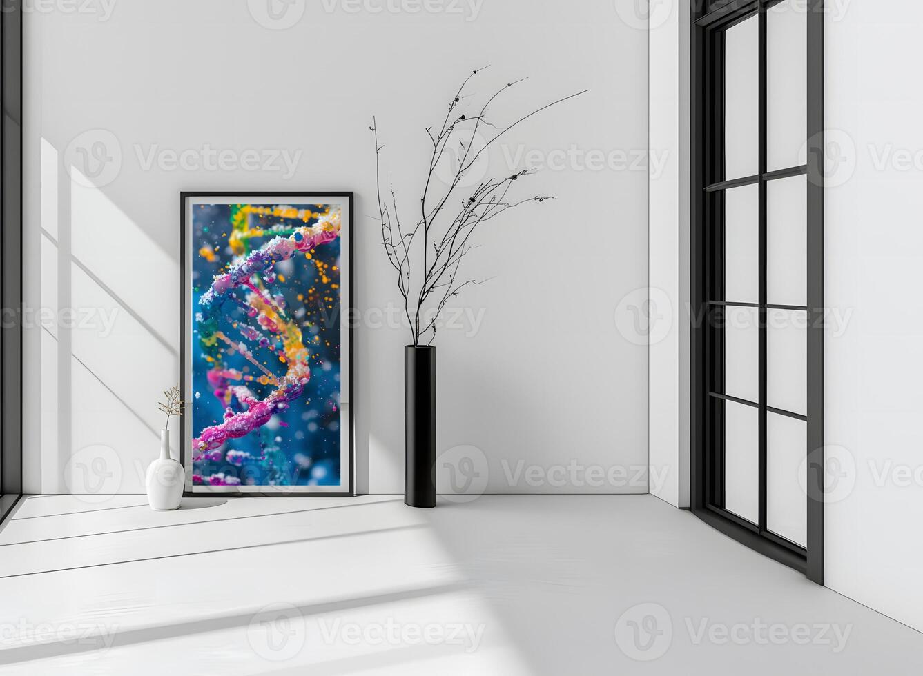 AI generated The room decorated in a minimalist style with picture frames and paintings is breathtaking. photo