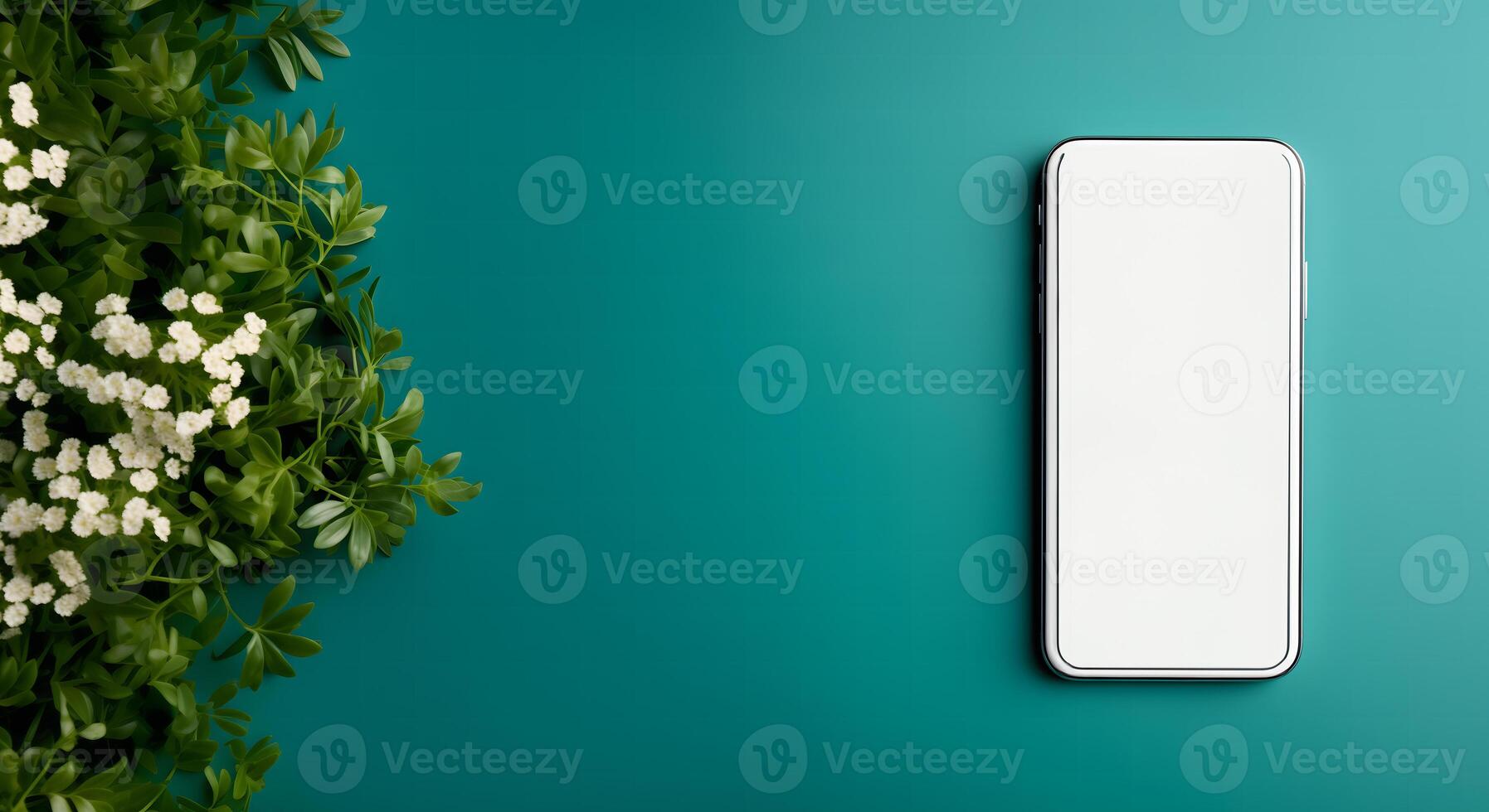 AI generated Trendy light green workspace background with smartphone white empty screen, top view, flat lay photo