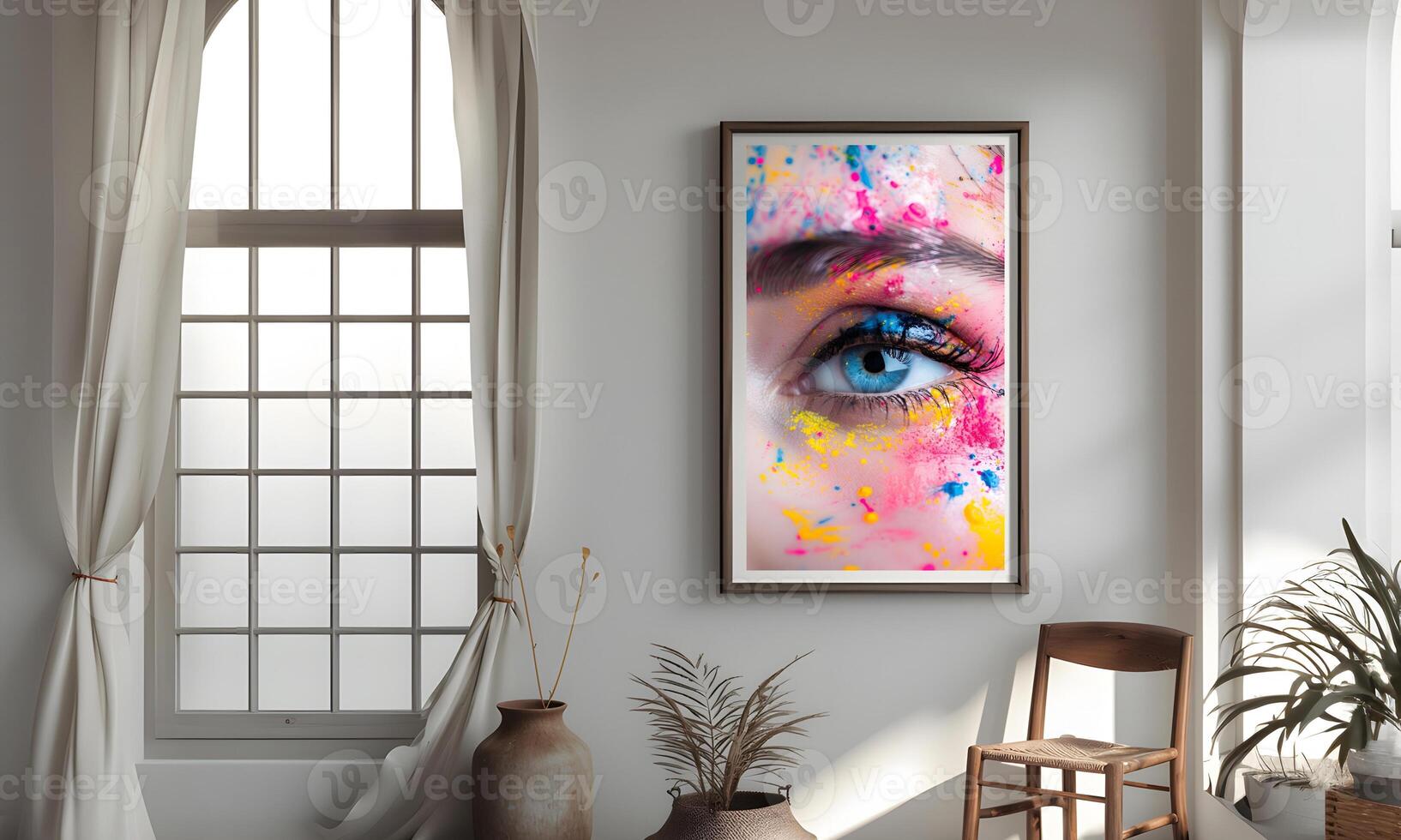 AI generated Design a chic and stylish room image. Decorated with beautiful picture frames and paintings. photo