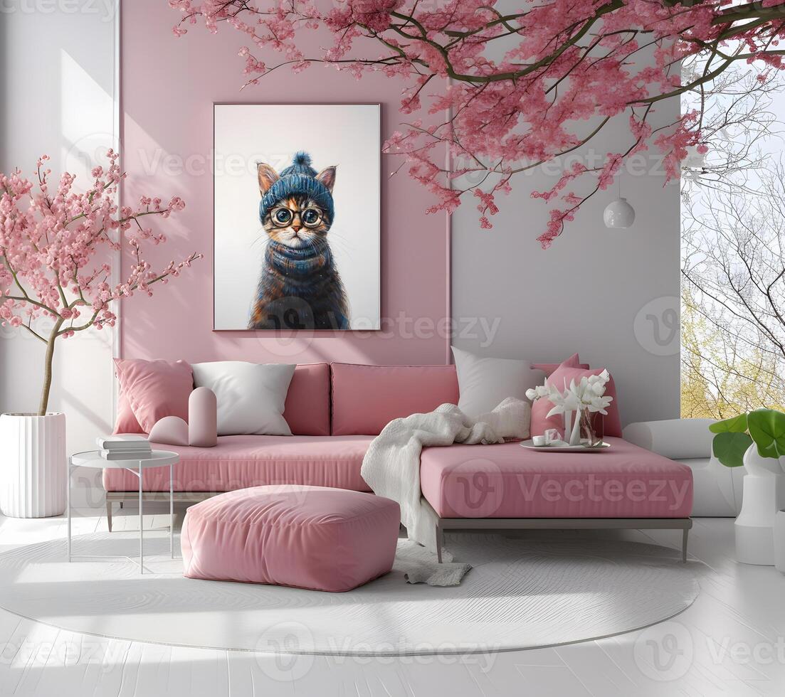 AI generated Design a chic and stylish room image. Decorated with beautiful picture frames and paintings. photo