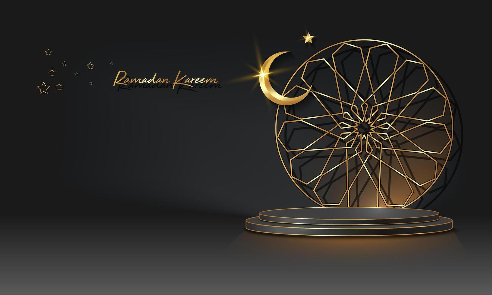 lujo islámico podio con oro creciente luna, tradicional islámico redondo marco. 3d horizontal Arábica bandera para producto escaparate, producto presentación, cosmético, base, Ramadán ventas, negro antecedentes vector