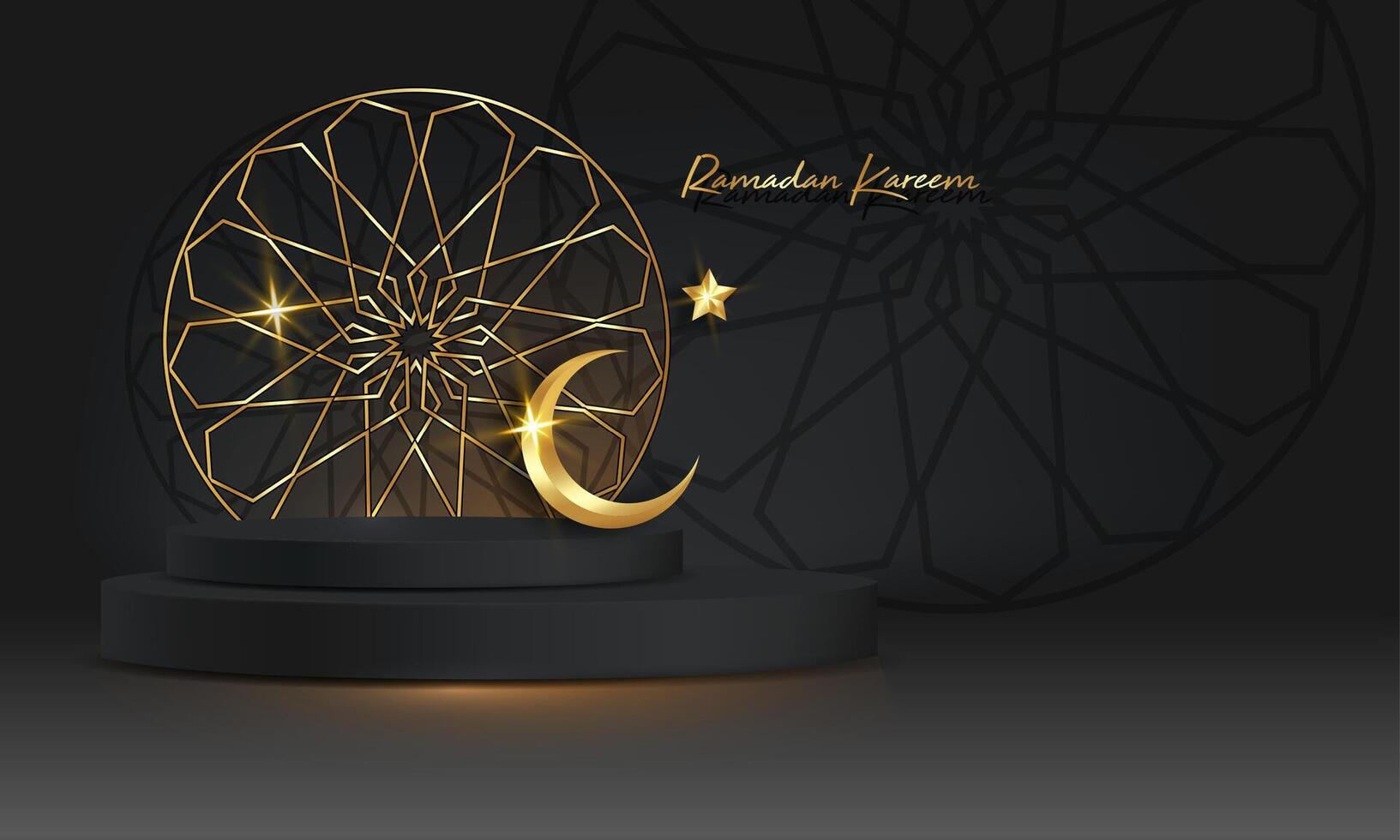 Ramadan Luxury Islamic Podium with gold crescent moon, traditional islamic round frame. 3D Horizontal Arabic Banner for product showcase, Product presentation, cosmetic, base, sales, black background vector