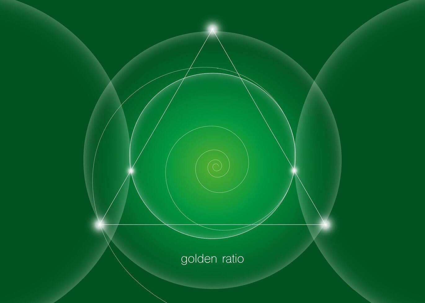 Golden Ratio, Fibonacci spiral, interlocking circles, triangles and spirals hipster sacred geometry illustration. White line vector isolated on green background.