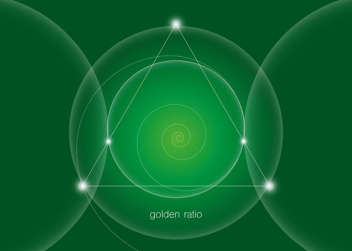 Golden Ratio, Fibonacci spiral, interlocking circles, triangles and spirals hipster sacred geometry illustration. White line vector isolated on green background.