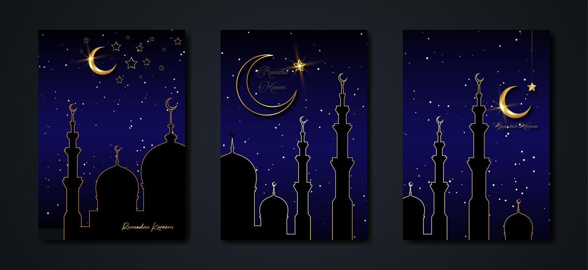 Ramadán kareem 2024 vector conjunto negro tarjeta. oro medio Luna en azul estrellado antecedentes. dorado fiesta póster con texto, islámico símbolo. concepto musulmán religión bandera, volantes, fiesta invitación, rebaja tienda