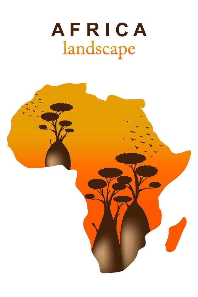 Africa map silhouette on boab trees and abstract sunset landscape. Baobabs on African wild nature. Vector illustration logo template isolated on white background