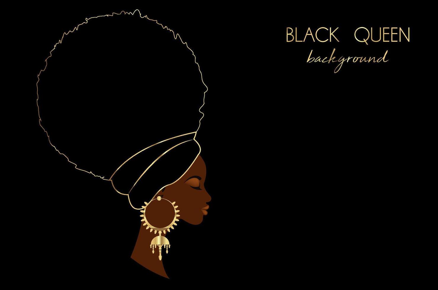 Black queen template, portrait African woman in Afro Curly hair, luxury golden earrings and turban. Beauty fashion design. Vector illustration isolated on black background.