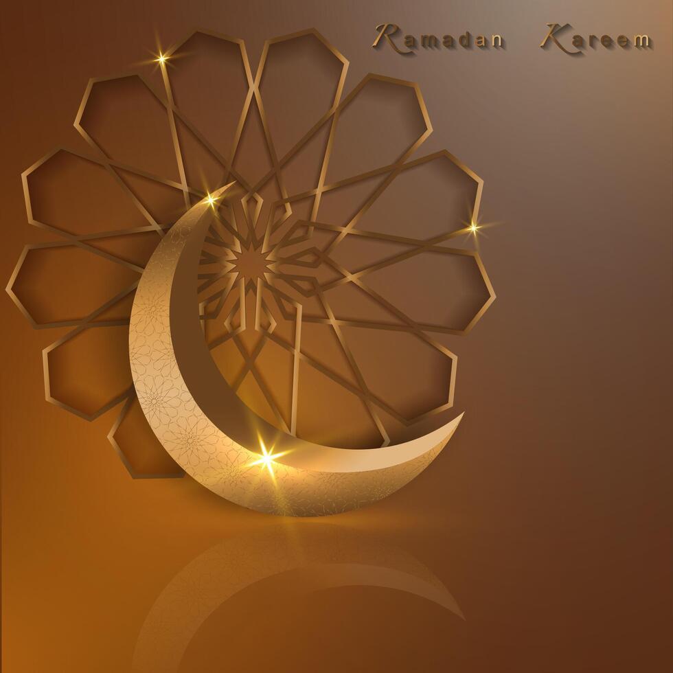 Ramadan Kareem banner, 3D gold crescent moon, holiday greeting traditional islamic. Arabic design for product showcase, presentation, cosmetic, base, ramadan sales, copy space on beige background vector