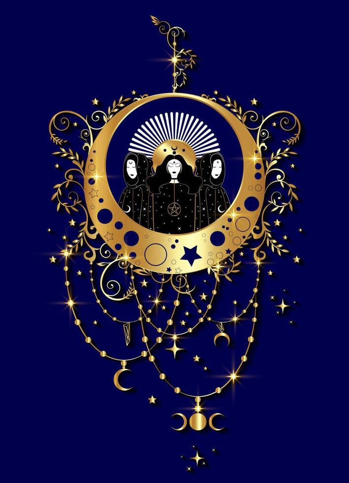 Mystical triple goddess, priestesses on magical crescent moon. Beautiful celestial fairy women in gold boho style. Gothic Witch wiccan female sacred design. Vector isolated on blue background