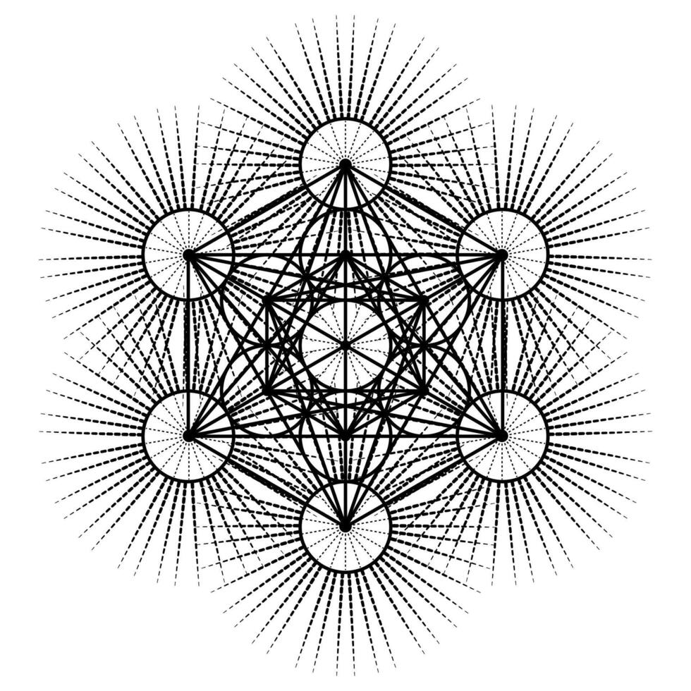 Metatron's Cube,  Flower of Life. Sacred geometry on radiant sun, graphic element Vector isolated Illustration. Mystic icon platonic solids, abstract geometric drawing, typical crop circles