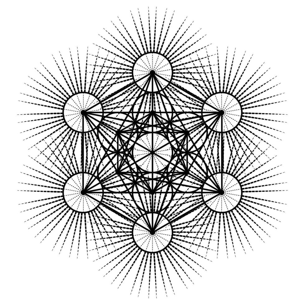 Metatron's Cube,  Flower of Life. Sacred geometry on radiant sun, graphic element Vector isolated Illustration. Mystic icon platonic solids, abstract geometric drawing, typical crop circles