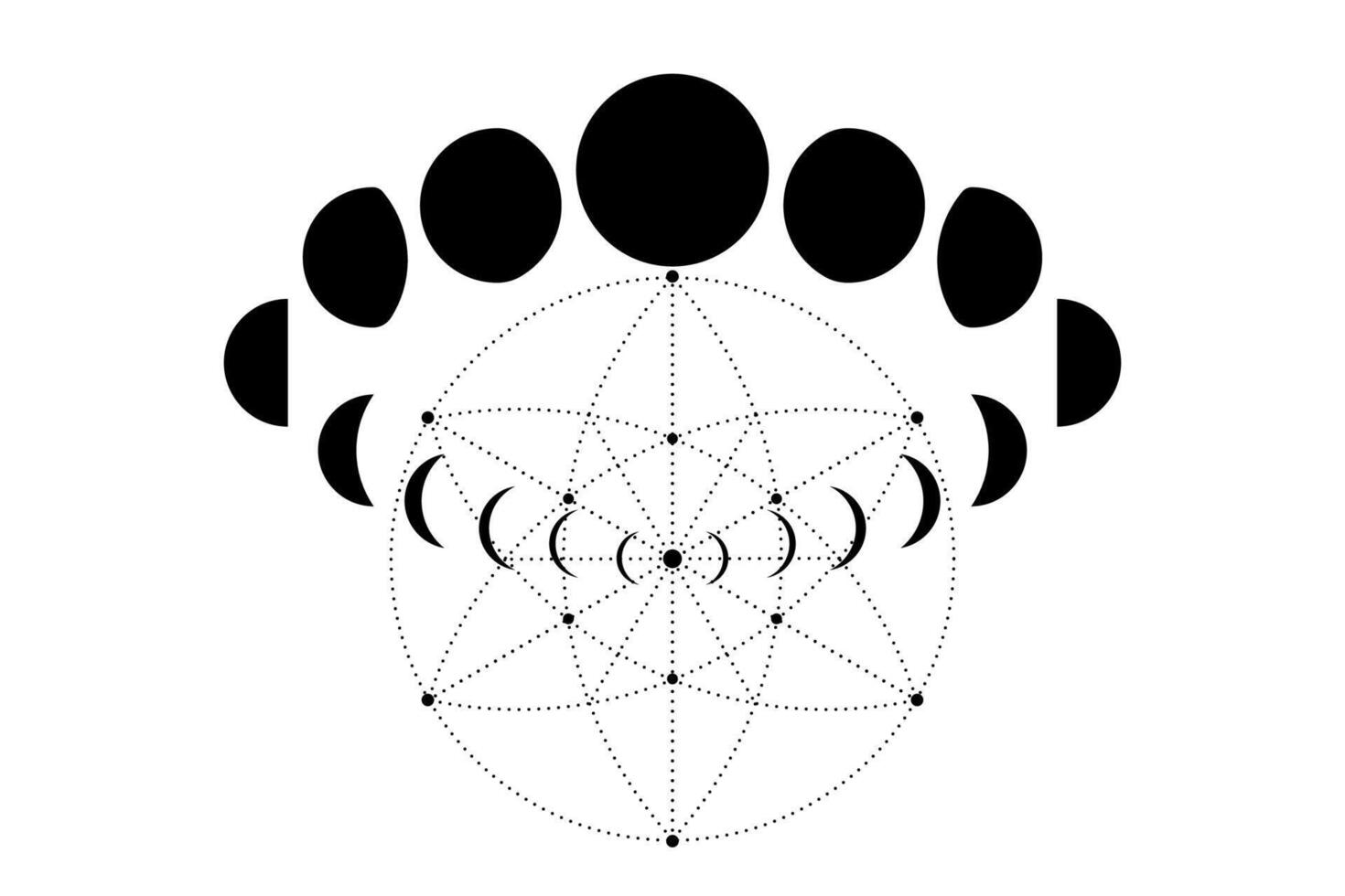 Moon Phases on Sacred Geometry. Mystical drawing geometric energy circles, magic astrology symbols, alchemy, esotericism, occultism sign, black vector isolated on a white background
