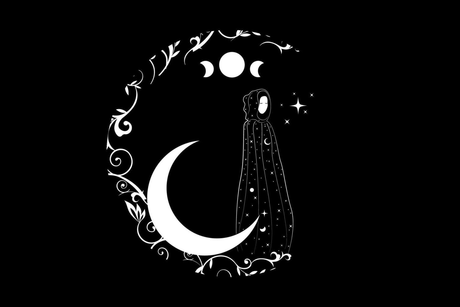 Witch in a black cape, Mystical priestess in a magical cloak with head hood on the white crescent moon. Triple goddess, wiccan woman, concept of esoteric magic sacred female in boho stile, isolated vector