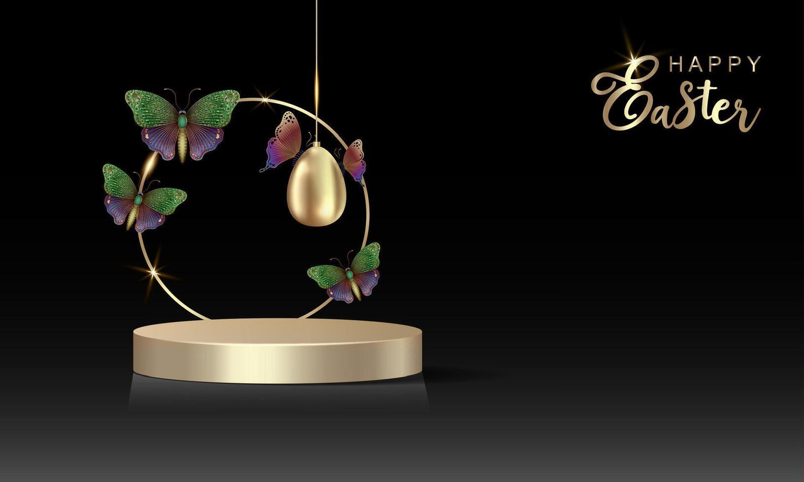 Easter banner for product demonstration, gold round pedestal or podium with colorful butterflies and golden Easter egg. 3d vector empty stage for commercial product display mockup on black background