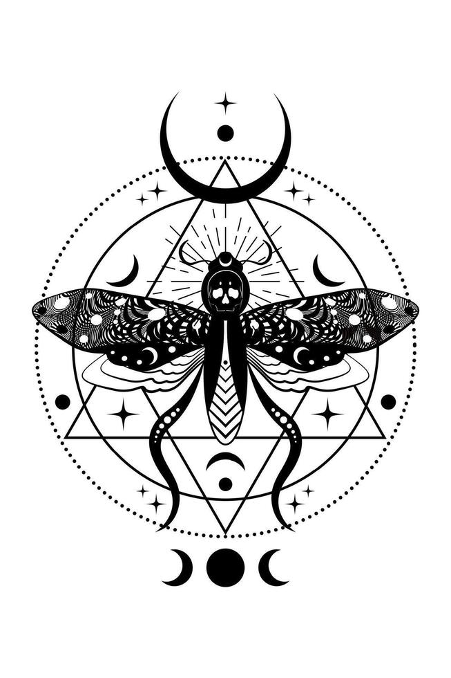 Mystical death head moth in dark black color. Cresent moon and wiccan triple goddess, butterfly with a skull. Sacred geometry. Alchemy, magic, esoteric, occult sign isolated on white background vector