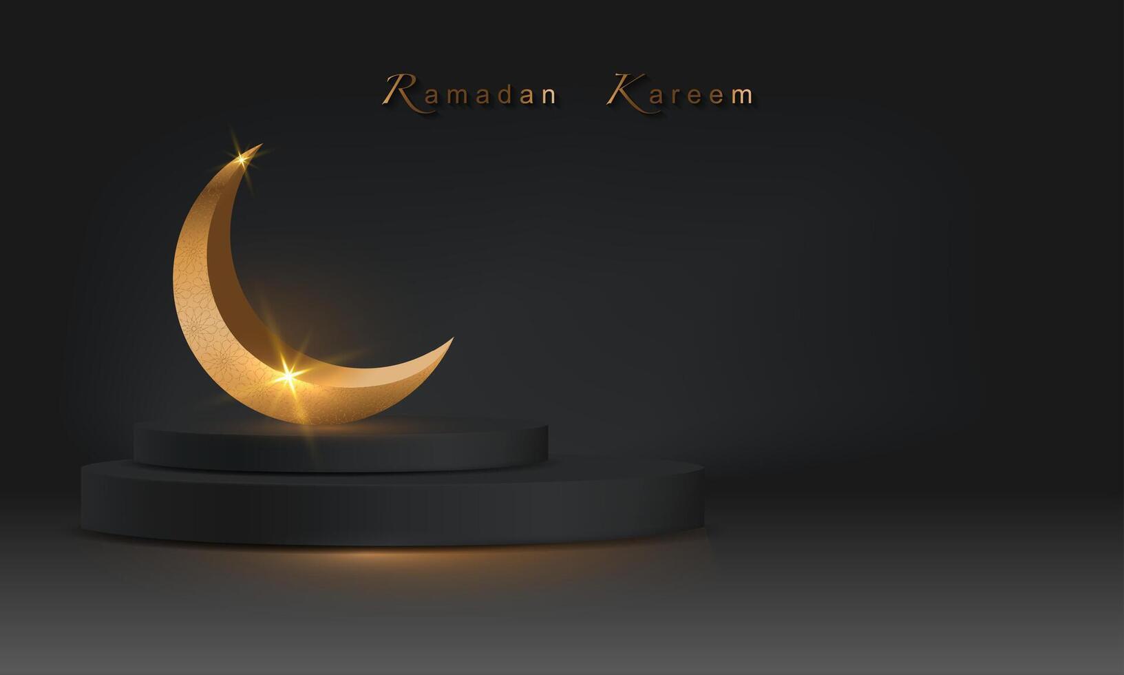 Ramadan Luxury Islamic Podium with gold crescent moon, traditional islamic symbol. 3D Horizontal Arabic Banner for product showcase, presentation, cosmetic, base, sales, copy space black background vector