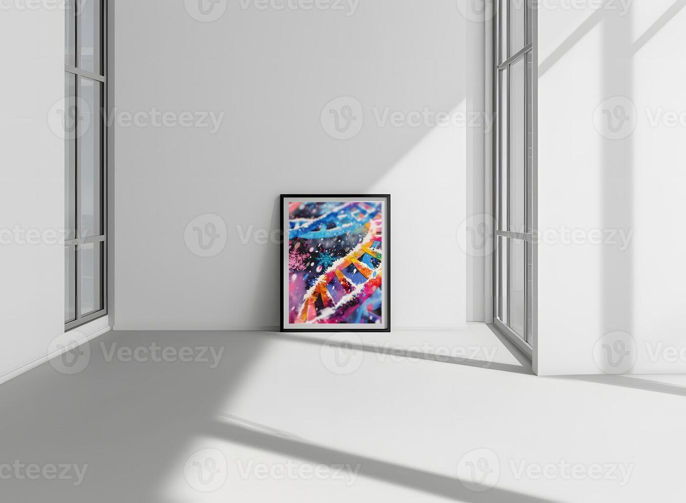 AI generated The room decorated in a minimalist style with picture frames and paintings is breathtaking. photo