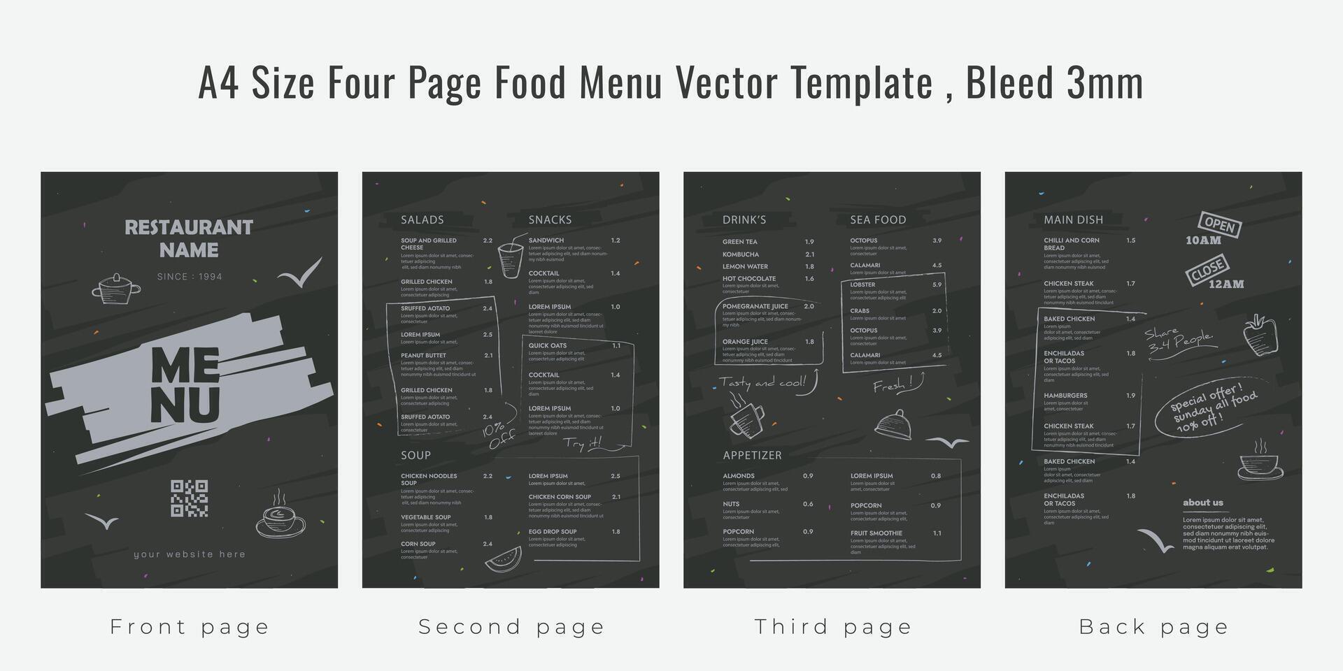 Restaurant cafe menu, template design, A4 size four page food menu template, Bleed 3mm vector