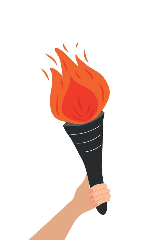 Burning torch in hand, isolated on white background, vector