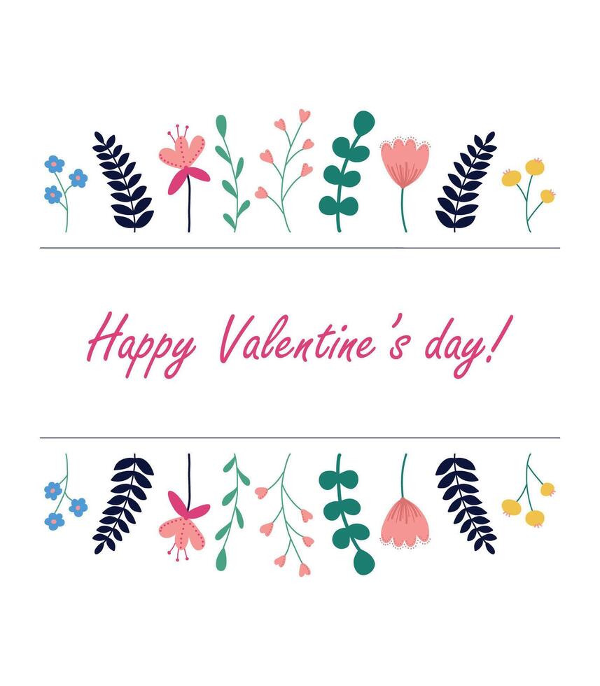 cute romantic card with wildflowers for valentine's day in minimalistic style on white background. Vector. vector