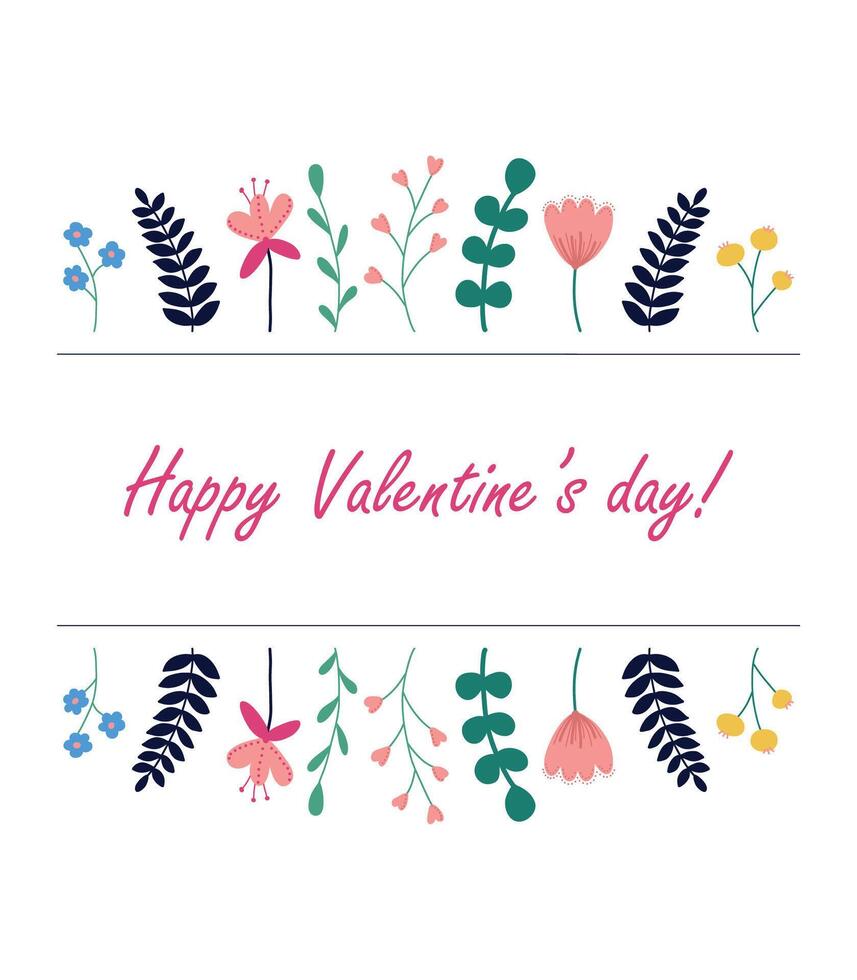 cute romantic card with wildflowers for valentine's day in minimalistic style on white background. Vector. vector