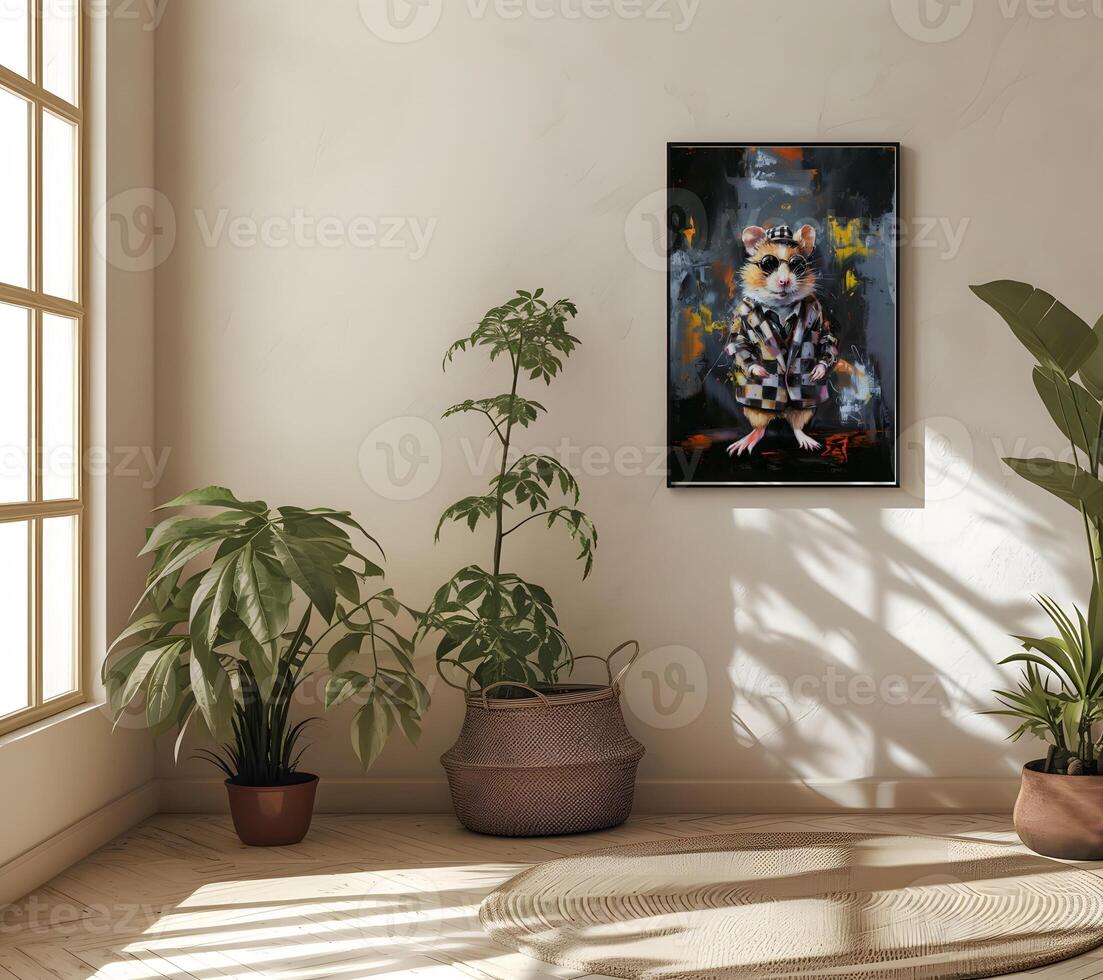 AI generated Design a chic and stylish room image. Decorated with beautiful picture frames and paintings. photo