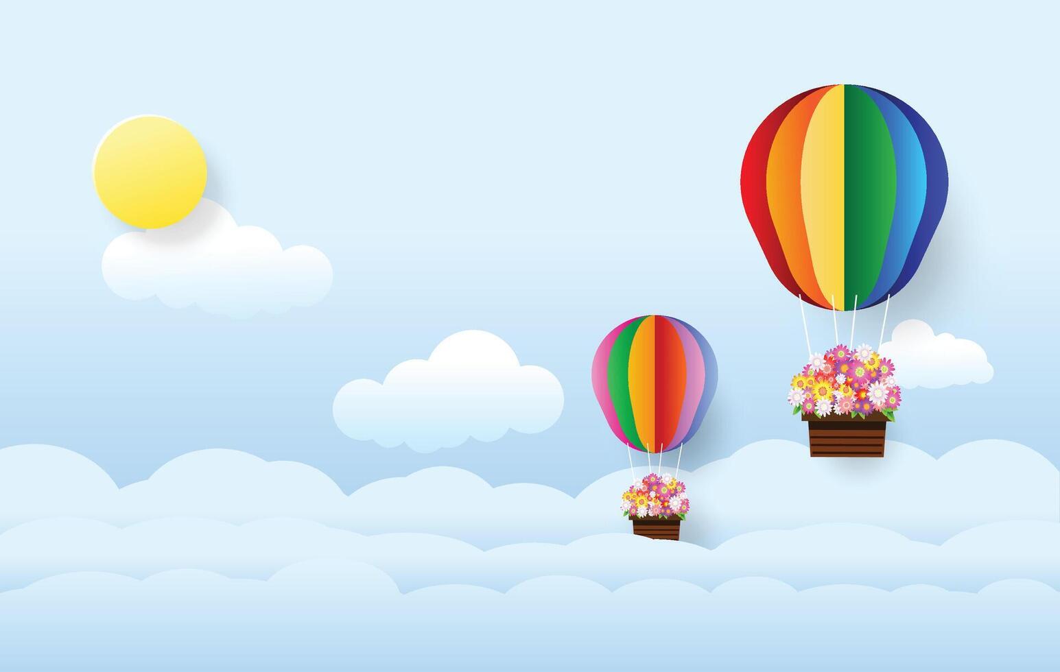 Colorful air balloon in the sky,  paper art style, vector illustration.