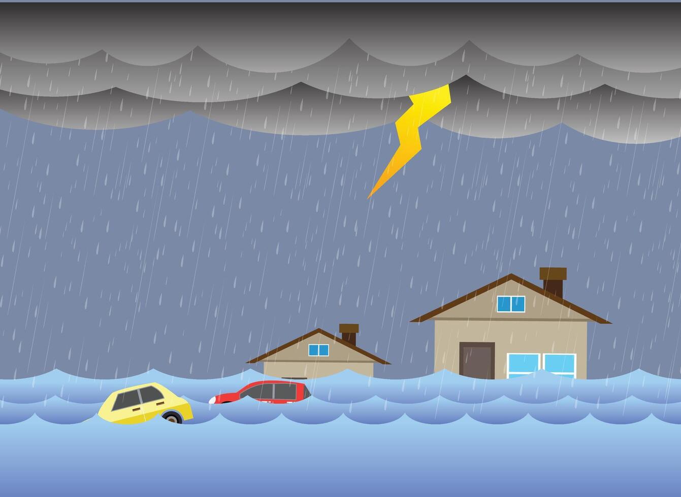 flood, Rain and storm, flooding water in city street, vector design