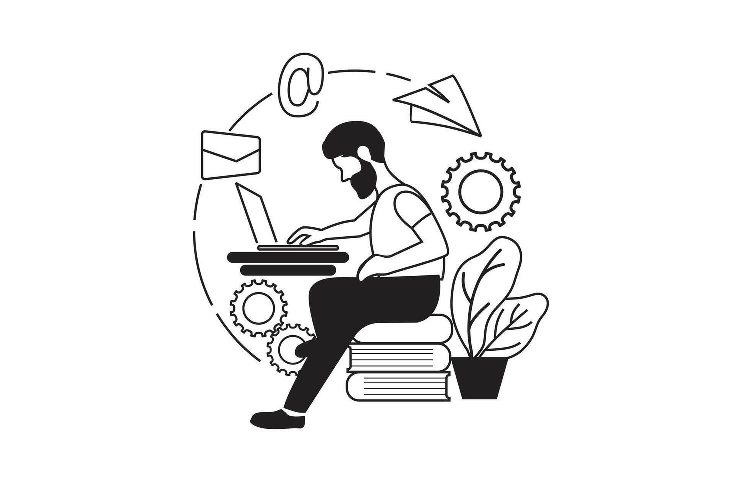lineart illustration man work drom home digital service desainer vector