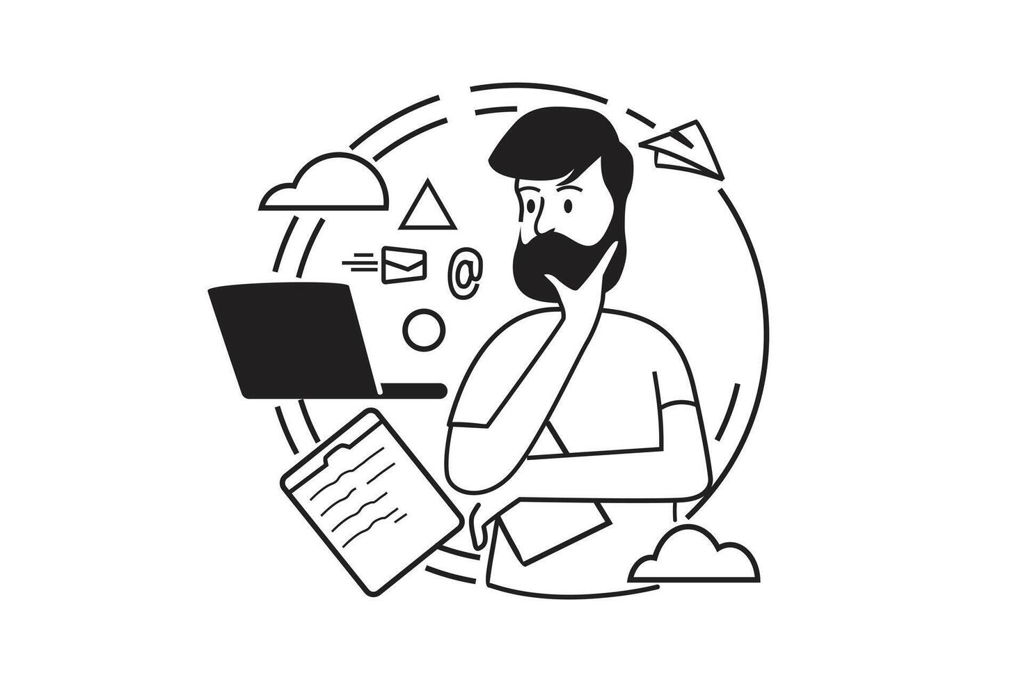 lineart illustration man work drom home digital service desainer vector