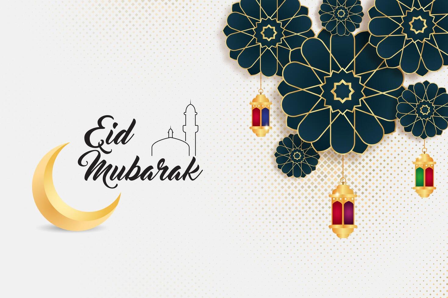 Eid Mubarak with mandala lantern halftone for the Eid Al Fitr Mubarak celebration Muslim community vector