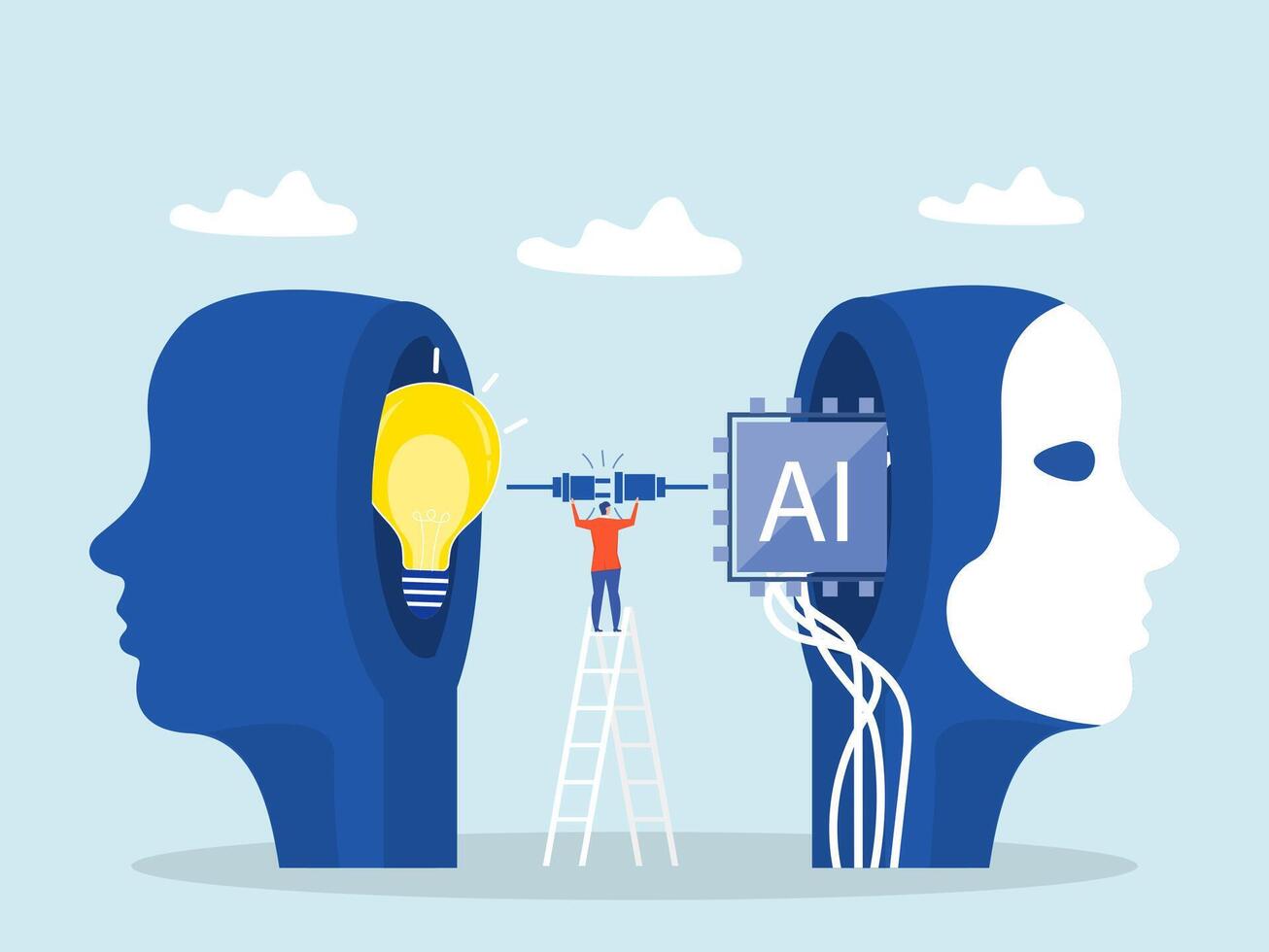 businessman connect plug with lightbulb idea to AI Artificial Intelligence. or processing chip into human brain with Light bulb  development  innovation concept vector